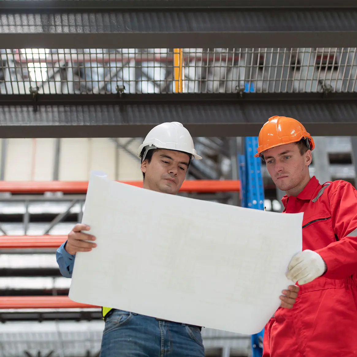 Engenheiros com capacetes analisando planta de projeto em uma instalação industrial, simbolizando processos de retrofit.